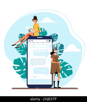Two persons chat by mobile phone. Pretty women. Smartphone communication concept. Vector illustration. Stock Vector