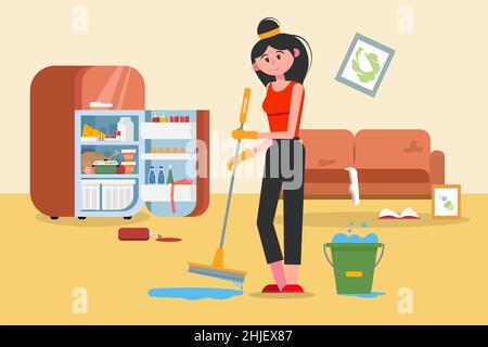 A Maid Cleaning Dirty Kitchen, Stock vector