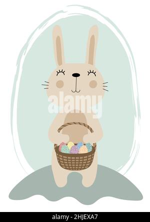 Vector illustration of cute bunny with a basket of Easter eggs. Happy Easter greetings text. Design for web, site, banner, poster, card, paper print Stock Vector