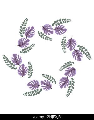 Round frame of leaf. Exotic leaves and plants, collected in a composition in a circle on a white background. Natural floral template . Postcard for Stock Vector