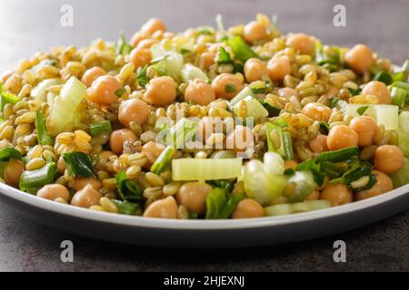 Fresh vegan freekeh salad with chickpeas, celery and herbs close-up in a plate on the table. horizontal Stock Photo