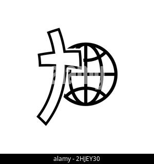 Earth globe icon with christian cross. Black cross icon. Abstract religious logo. Christian cross icon. Vector illustration. Linear symbol of church Stock Vector