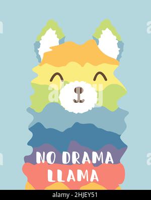 Iridescent llama illustration with fun quote ''No drama llama'' to card, invitation, nursery, gifts, etc. Modern exotic design for paper, cover Stock Vector