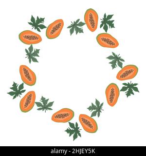 Round frame of leaf and papaya. Exotic leaves, collected in a composition in a circle on a white background. Natural floral template . Postcard for Stock Vector