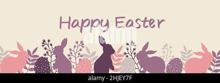 Easter design with eggs, bunnies and flowers in pastel colors. Horizontal poster. Happy Easter greetings text. Design for title for the site ,banner