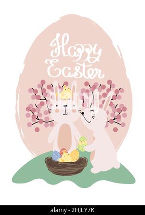 Vector illustration of cute bunnies with bright eggs and and little chickens. Happy Easter greetings text. Design for web, site, banner, poster, card Stock Vector