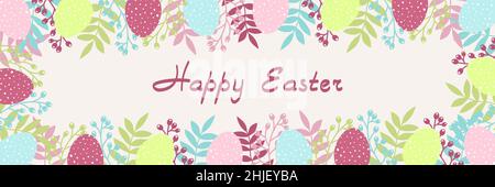 Easter design with eggs and flowers in pastel colors. Horizontal poster. Happy Easter greetings text. Design for title for the site ,banner, poster Stock Vector