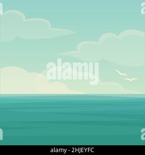Vector illustration of blue sea and sky background, water wave, ocean Stock Vector