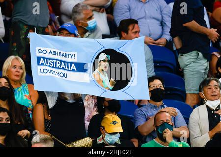 Melbourne, Australia, 29th Jan, 2022. Fans cheering for Ash Barty at the 2022 Australian Open Tennis Grand Slam in Melbourne Park. Photo credit: Frank Molter/Alamy Live news Stock Photo