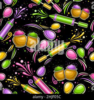 Vector Holi Seamless Pattern, square repeating background with cut out illustrations of traditional holi symbols, bright gulal powder in bowls, colorf Stock Vector