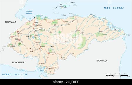 Road and National Park Map of the Central American State of Honduras Stock Vector