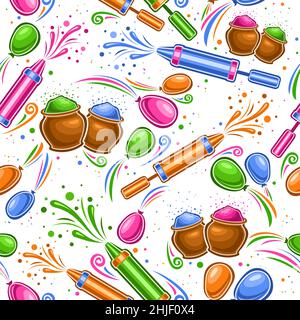 Vector Holi Seamless Pattern, square repeating background with cut out illustrations of traditional holi symbols, vivid gulal powder in bowls, colorfu Stock Vector