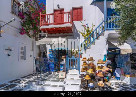 View of souvenirs shop in cobbled street, Mykonos Town, Mykonos, Cyclades Islands, Greek Islands, Aegean Sea, Greece, Europe Stock Photo