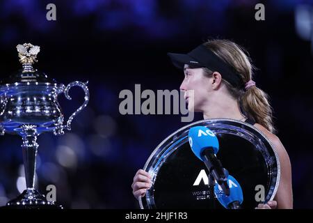Melbourne, Australia. 29th Jan, 2022. Danielle Collins of the United States reacts after the women's singles final match against Ashleigh Barty of Australia at Australian Open in Melbourne, Australia, on Jan. 29, 2022. Credit: Bai Xuefei/Xinhua/Alamy Live News Stock Photo