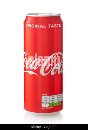 LONDON,UK - JANUARY 22, 2022: Coca Cola Original soda drink in can on white. Stock Photo