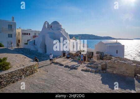 View of Panagia Paraportian chapel and Aegean Sea, Mykonos Town, Mykonos, Cyclades Islands, Greek Islands, Greece, Europe Stock Photo