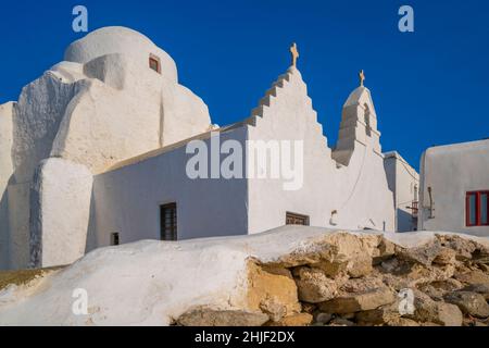 View of Panagia Paraportian chapel, Mykonos Town, Mykonos, Cyclades Islands, Greek Islands, Greece, Europe Stock Photo