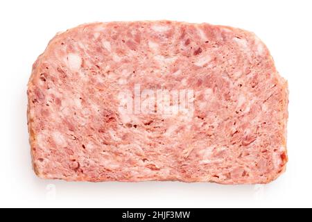 Slice of pork luncheon meat isolated on white. Top view. Stock Photo