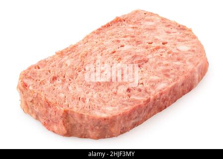 Slice of pork luncheon meat isolated on white. Stock Photo