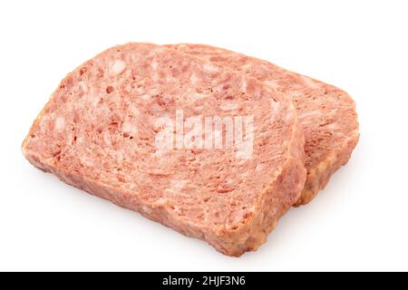 Two slices of pork luncheon meat isolated on white. Stock Photo