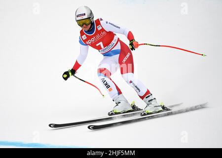 Garmisch Partenkirchen, Germany. 29th Jan, 2022. Alpine skiing: World Cup, downhill, women: Corinne Suter from Switzerland crosses the finish line. Credit: Angelika Warmuth/dpa/Alamy Live News