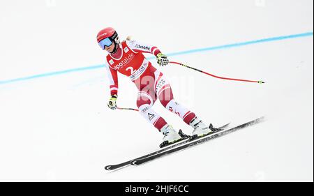 Garmisch Partenkirchen, Germany. 29th Jan, 2022. Alpine skiing: World Cup, downhill, women. Ariane Raedler from Austria in the finish. Credit: Angelika Warmuth/dpa/Alamy Live News