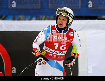Garmisch Partenkirchen, Germany. 29th Jan, 2022. Alpine skiing: World Cup, downhill, women. Joana Hählen from Switzerland at the finish. Credit: Angelika Warmuth/dpa/Alamy Live News