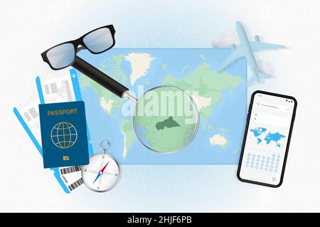 Conceptual illustration of a trip to Central African Republic with travel gear. World map with compass, passport, tickets, cell phone, plane and glass Stock Vector