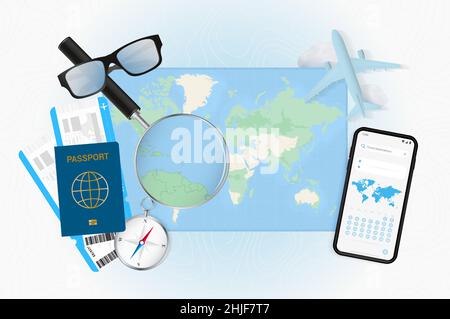 Conceptual illustration of a trip to Saint Lucia with travel gear. World map with compass, passport, tickets, cell phone, plane and glass. Stock Vector