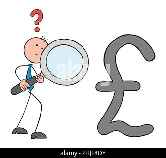 Stickman businessman holding magnifying glass against pound symbol and examining financial statements. Hand drawn outline cartoon vector illustration. Stock Vector
