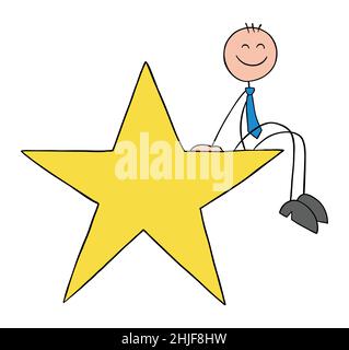 Stickman businessman is sitting on the big star and is happy. Hand drawn outline cartoon vector illustration. Stock Vector
