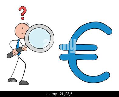 Stickman businessman holding magnifying glass against euro symbol and examining financial statements. Hand drawn outline cartoon vector illustration. Stock Vector