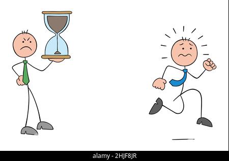 Angry evil stickman boss holding hourglass and stickman employee running to complete project before deadline. Hand drawn outline cartoon vector illust Stock Vector
