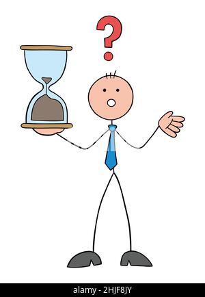 Stickman businessman is holding an almost-ending hourglass and is nervous. The deadline is near and the task could not be completed. Stock Vector
