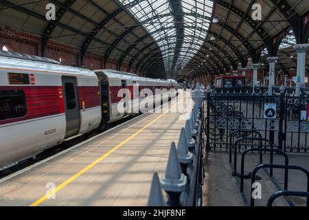 A London bound train standing at a platform at Darlington railway station Stock Photo