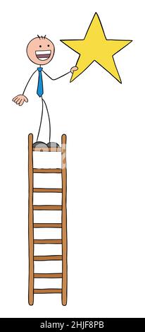 Stickman businessman has climbed to the top of the wooden ladder and is holding a star. Hand drawn outline cartoon vector illustration. Stock Vector