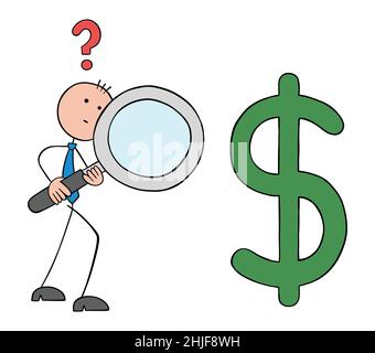 Stickman businessman holding magnifying glass against dollar symbol and examining financial statements. Hand drawn outline cartoon vector illustration Stock Vector