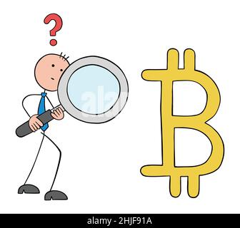 Stickman businessman holding magnifying glass against bitcoin symbol and examining financial statements. Hand drawn outline cartoon vector illustratio Stock Vector