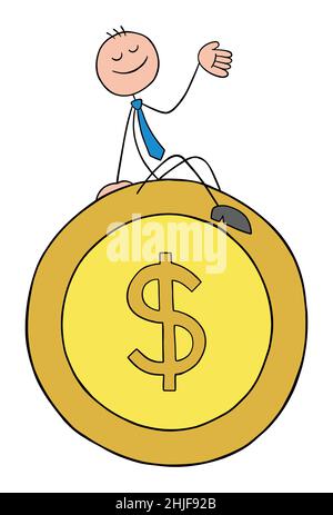 Stickman businessman is sitting on the dollar coin and is happy. Hand drawn outline cartoon vector illustration. Stock Vector