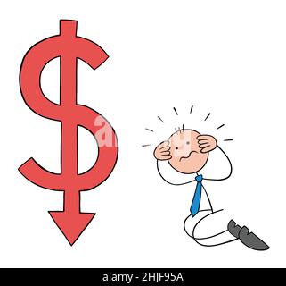 Stickman businessman is kneeling next to the falling dollar icon and devastated for his lost money. Hand drawn outline cartoon vector illustration. Stock Vector