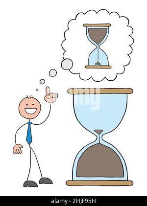 Stickman businessman is in front of the hourglass that is almost finished and he has an idea to turn it upside down and gain time again. Stock Vector