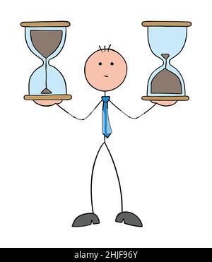 Stickman businessman is holding two hourglasses, beginning and ending. Hand drawn outline cartoon vector illustration. Stock Vector