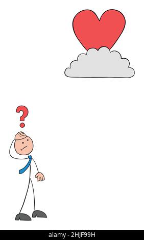 Stickman businessman thinks about how to reach the heart on the cloud. Hand drawn outline cartoon vector illustration. Stock Vector