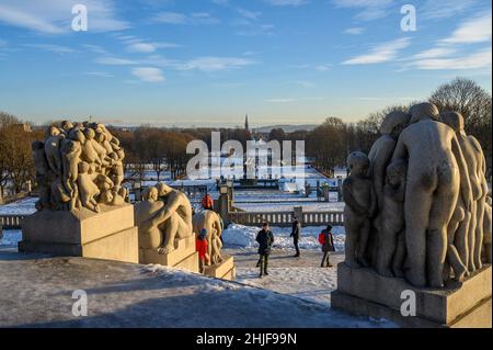 View over Vigeland Sculpture Park with Uranienborg church in the distance seen from the base of the Monolith, Frogner park, Oslo, Norway. Stock Photo