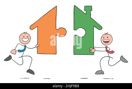 Two stickmen businessmen are carrying house puzzle pieces towards each other. Hand drawn outline cartoon vector illustration. Stock Vector