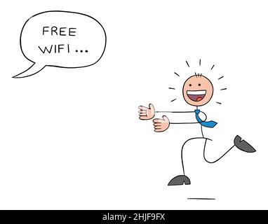 Stickman businessman is running excitedly towards the free wifi speech bubble. Hand drawn outline cartoon vector illustration. Stock Vector