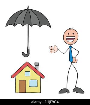 Stickman businessman is protecting the house with an umbrella and is happy. Hand drawn outline cartoon vector illustration. Stock Vector