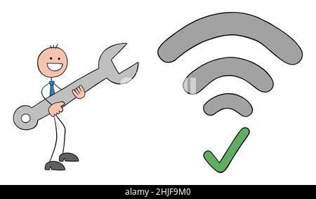 Stickman businessman has wrench and fixed wifi signal error. Hand drawn outline cartoon vector illustration. Stock Vector