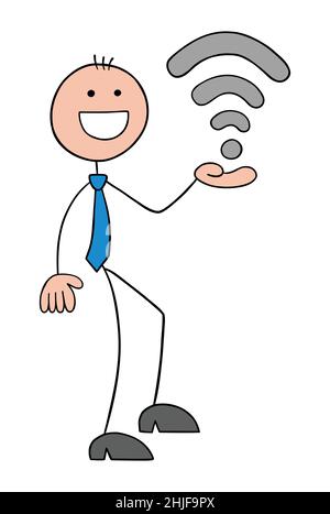 Stickman businessman holding wireless and wifi symbol. Hand drawn outline cartoon vector illustration. Stock Vector