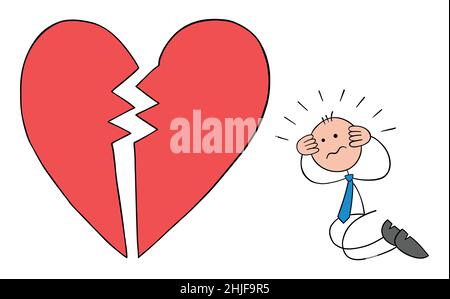 Stickman businessman kneeling in front of broken heart and disappointed. Hand drawn outline cartoon vector illustration. Stock Vector